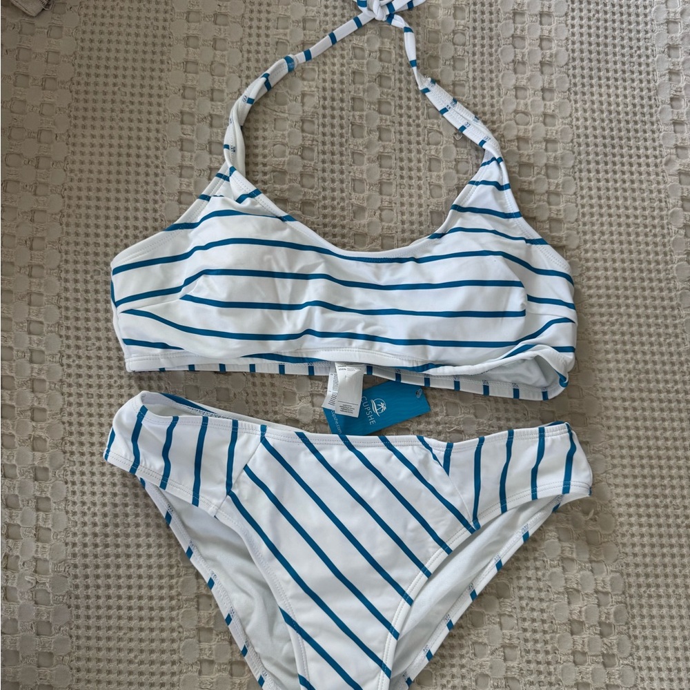 CUPSHE - Striped Blue and White Bikini Set - TOP L / Bottoms M